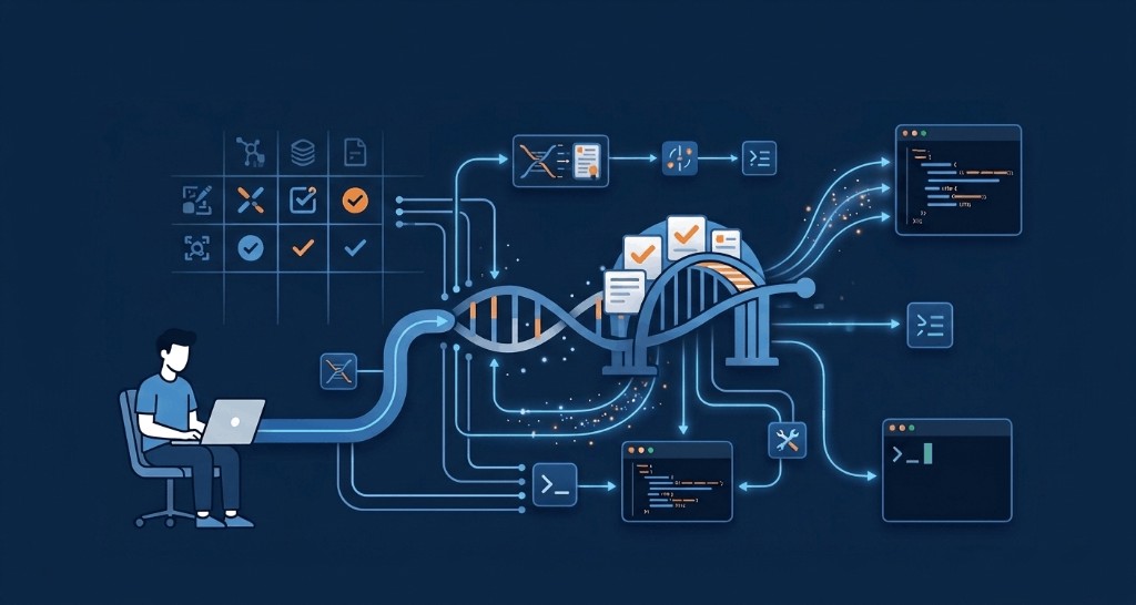 Data processing workflow with developer, DNA helix, and connected tools